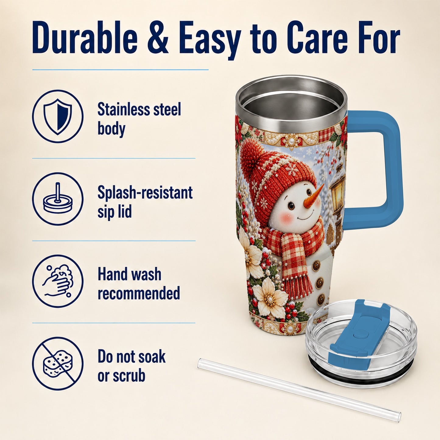#pl[40oz|Blue] Snowman 40oz Tumbler with Handle, Poinsettia Stainless Steel Cup