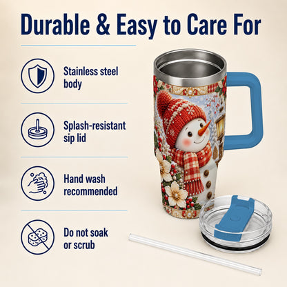 #pl[40oz|Blue] Snowman 40oz Tumbler with Handle, Poinsettia Stainless Steel Cup