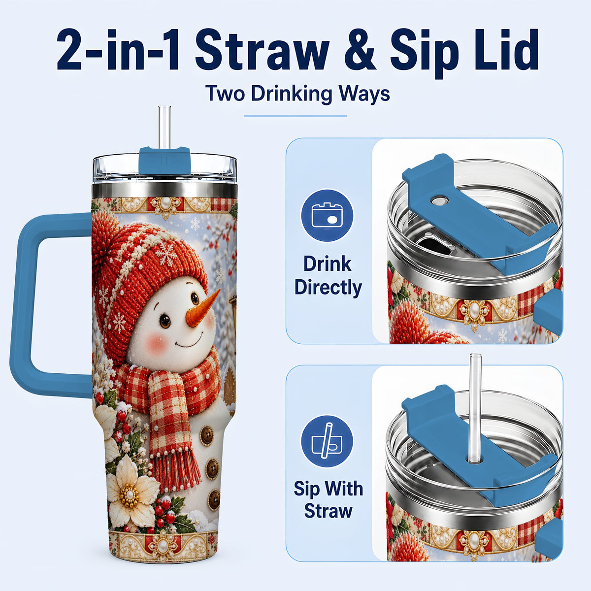 #pl[40oz|Blue] Snowman 40oz Tumbler with Handle, Poinsettia Stainless Steel Cup