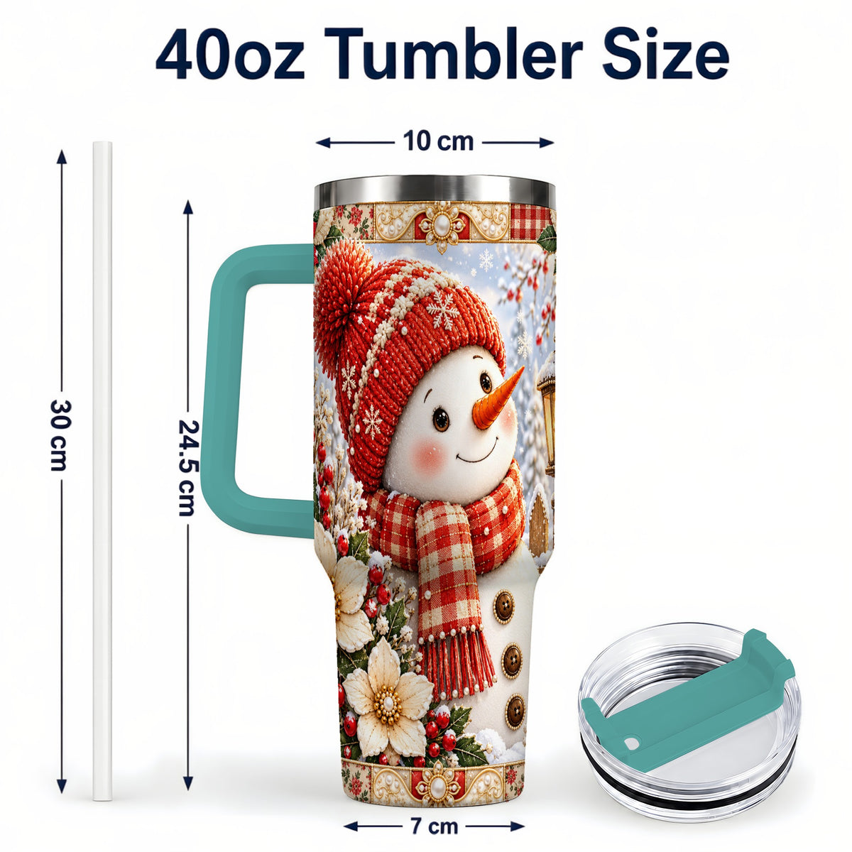 #pl[40oz|Green] Snowman 40oz Tumbler with Handle, Poinsettia Stainless Steel Cup