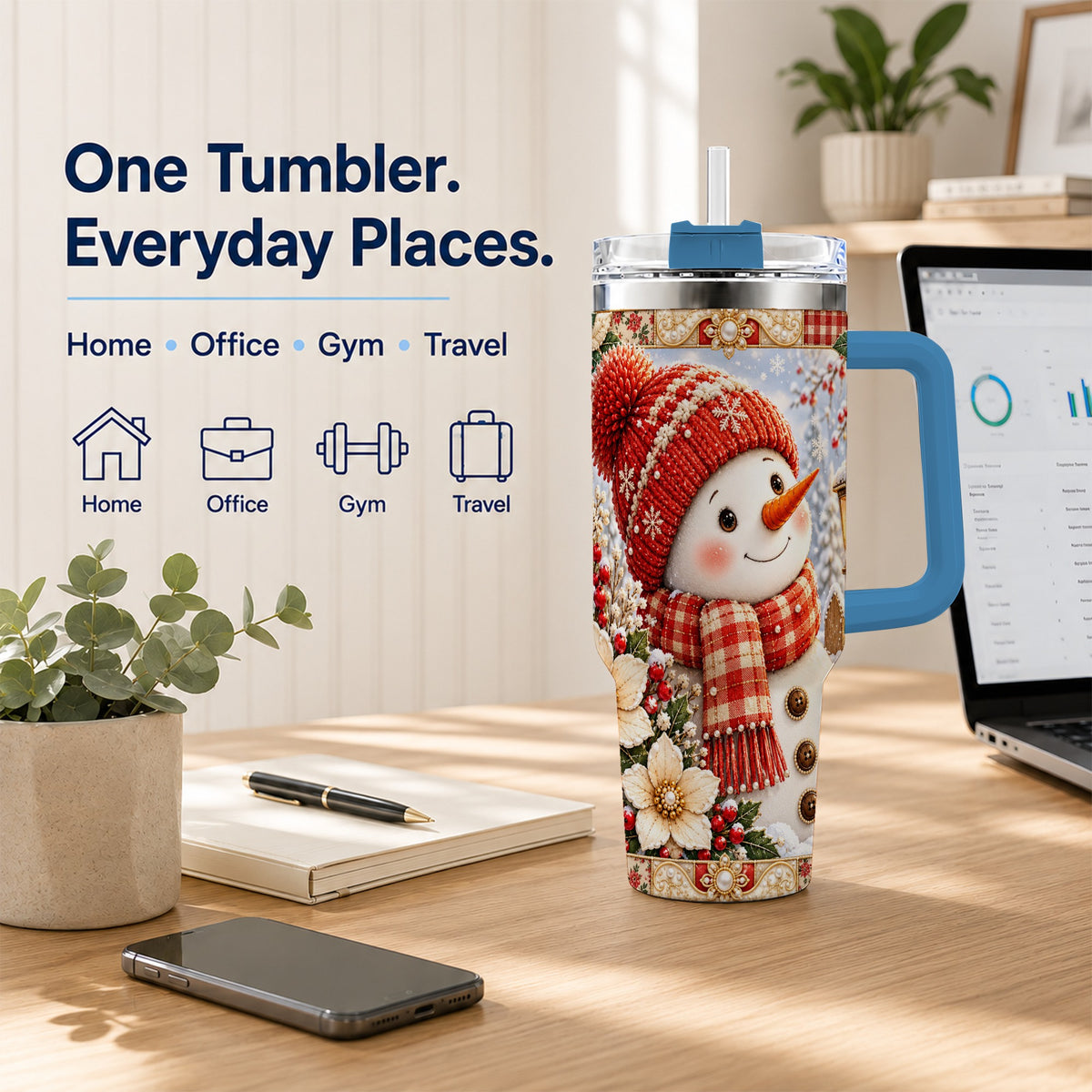 #pl[40oz|Blue] Snowman 40oz Tumbler with Handle, Poinsettia Stainless Steel Cup