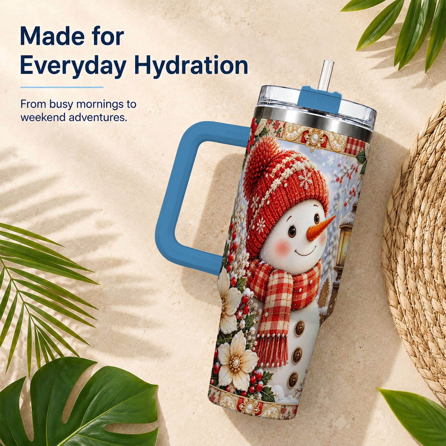 #pl[40oz|Blue] Snowman 40oz Tumbler with Handle, Poinsettia Stainless Steel Cup
