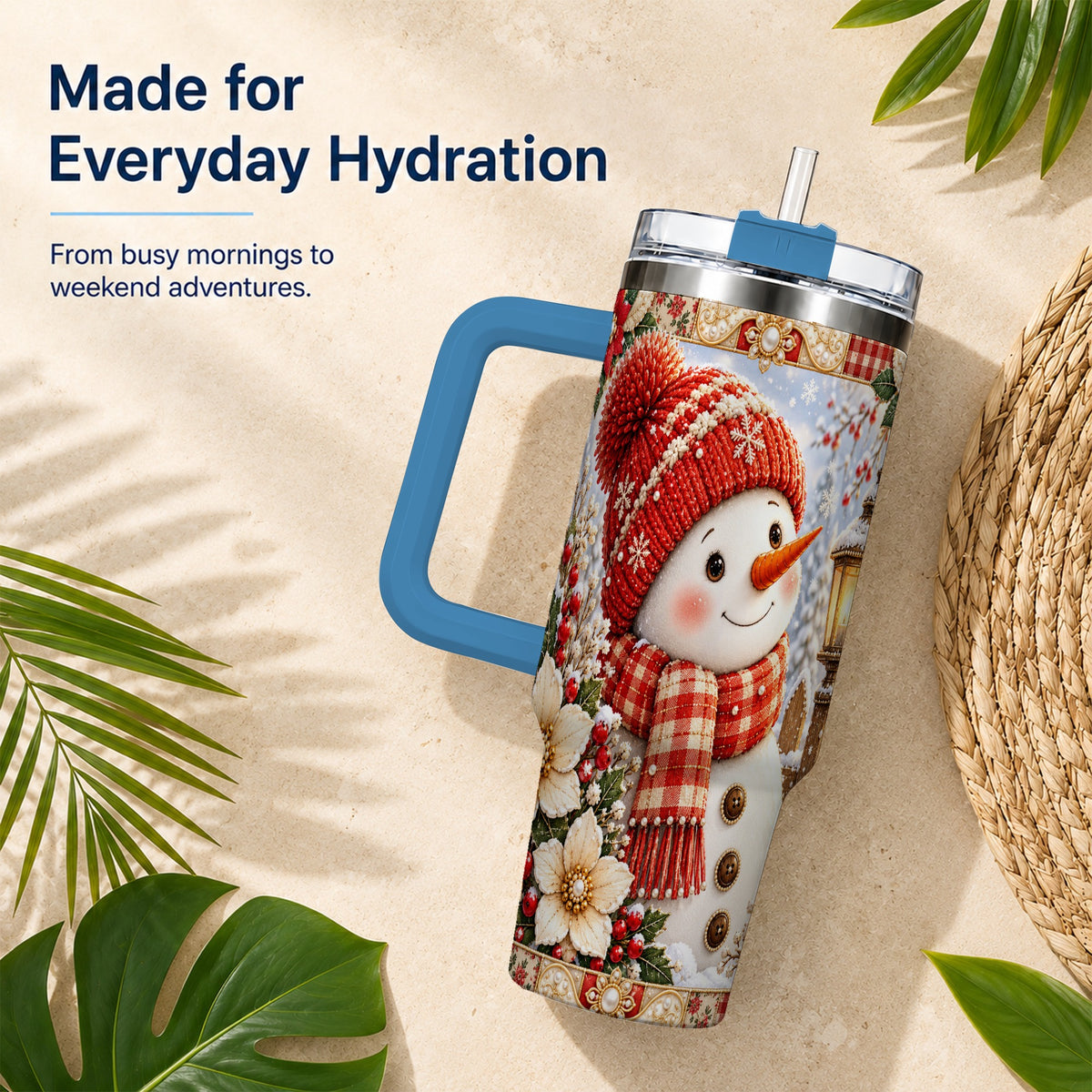 #pl[40oz|Blue] Snowman 40oz Tumbler with Handle, Poinsettia Stainless Steel Cup