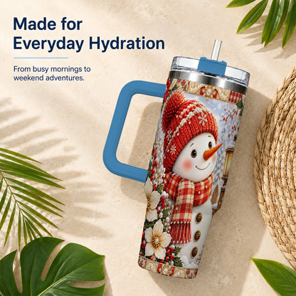 #pl[40oz|Blue] Snowman 40oz Tumbler with Handle, Poinsettia Stainless Steel Cup