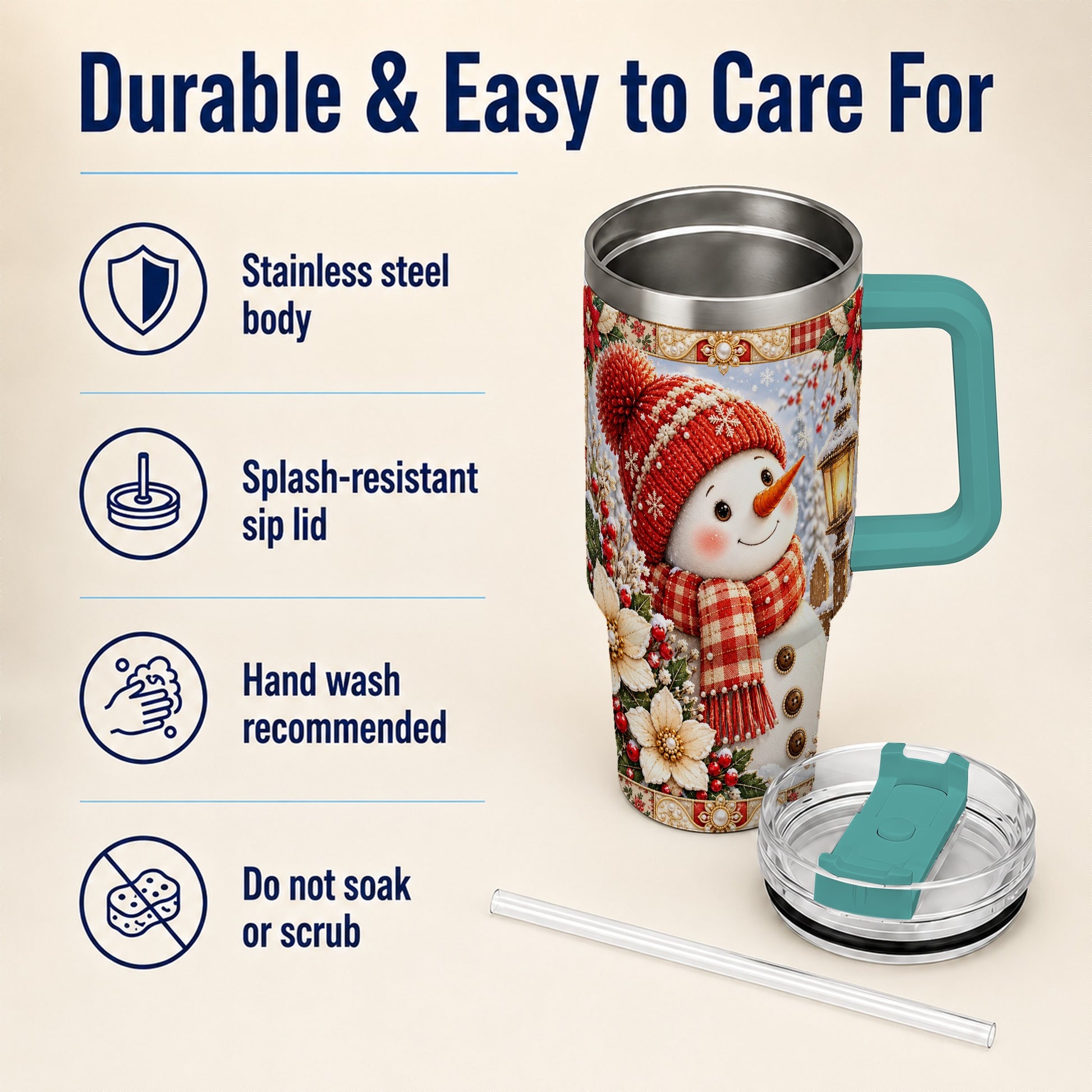 #pl[40oz|Green] Snowman 40oz Tumbler with Handle, Poinsettia Stainless Steel Cup