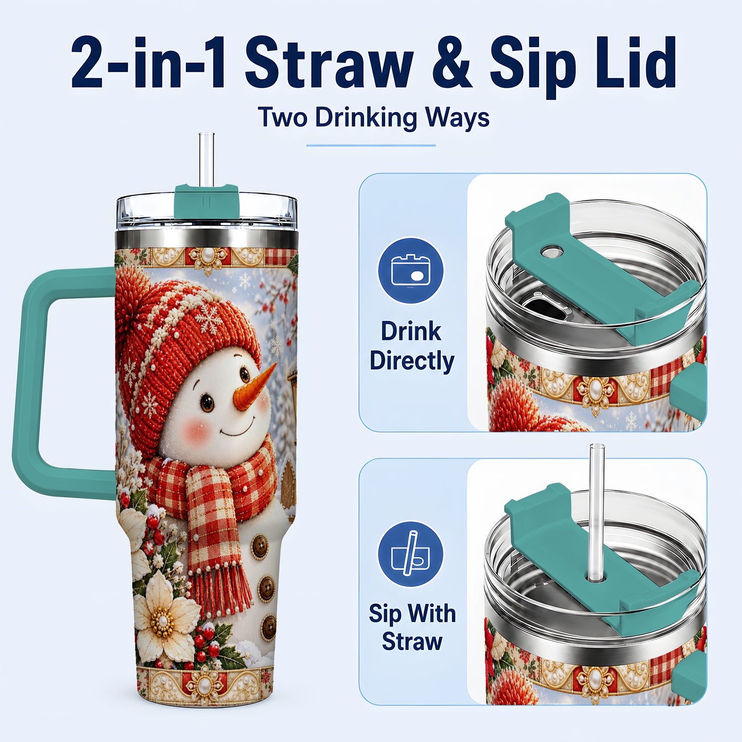 #pl[40oz|Green] Snowman 40oz Tumbler with Handle, Poinsettia Stainless Steel Cup