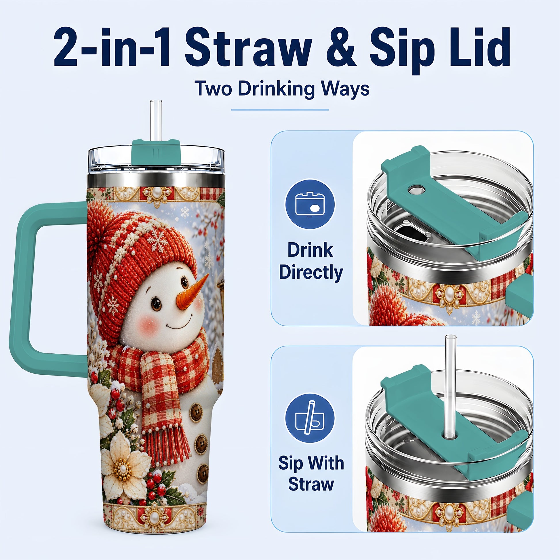 #pl[40oz|Green] Snowman 40oz Tumbler with Handle, Poinsettia Stainless Steel Cup