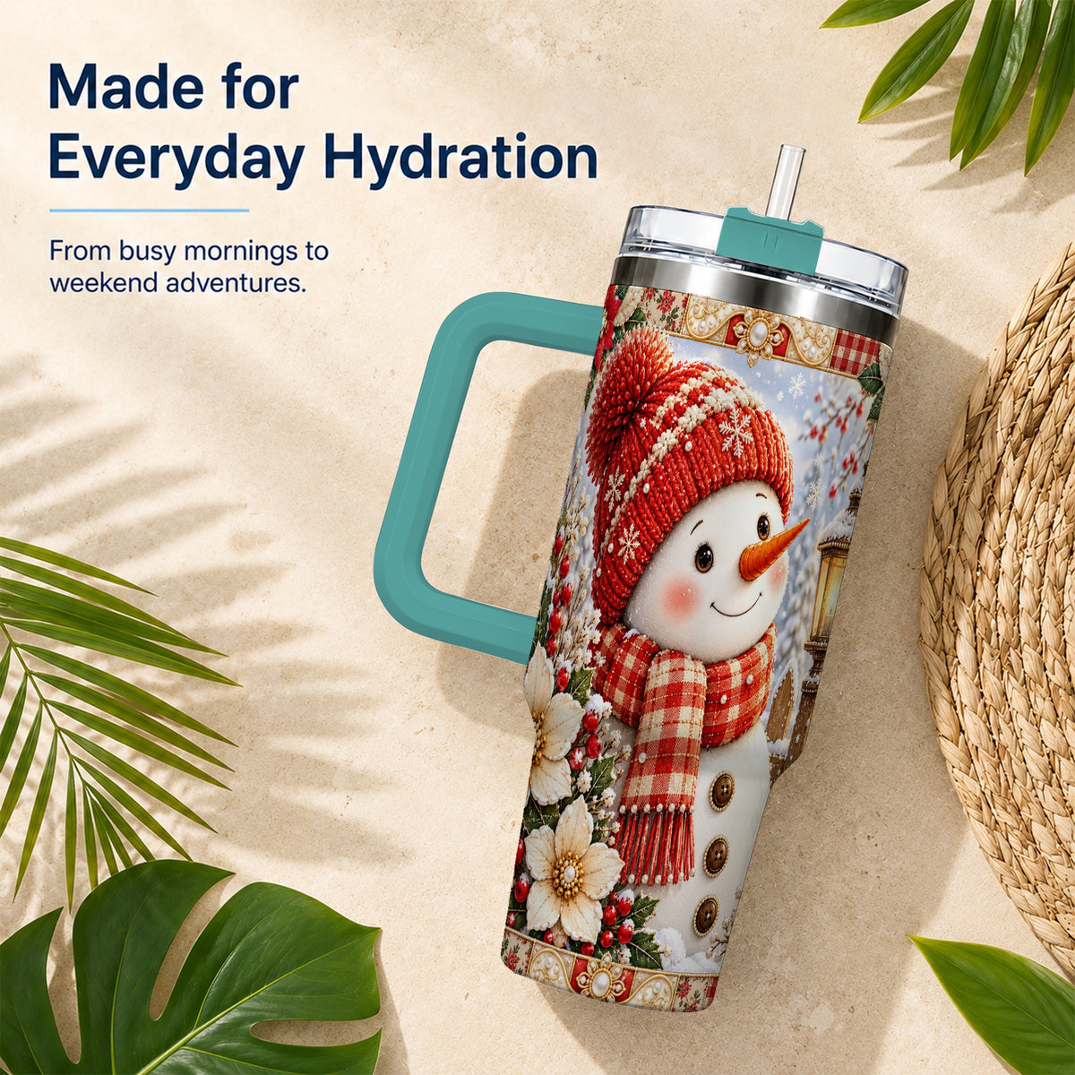 #pl[40oz|Green] Snowman 40oz Tumbler with Handle, Poinsettia Stainless Steel Cup