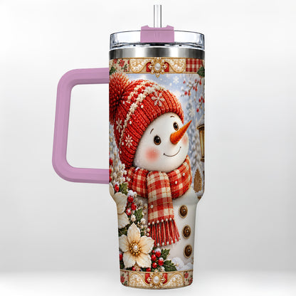 #pl[40oz|Pink] Snowman 40oz Tumbler with Handle, Poinsettia Stainless Steel Cup