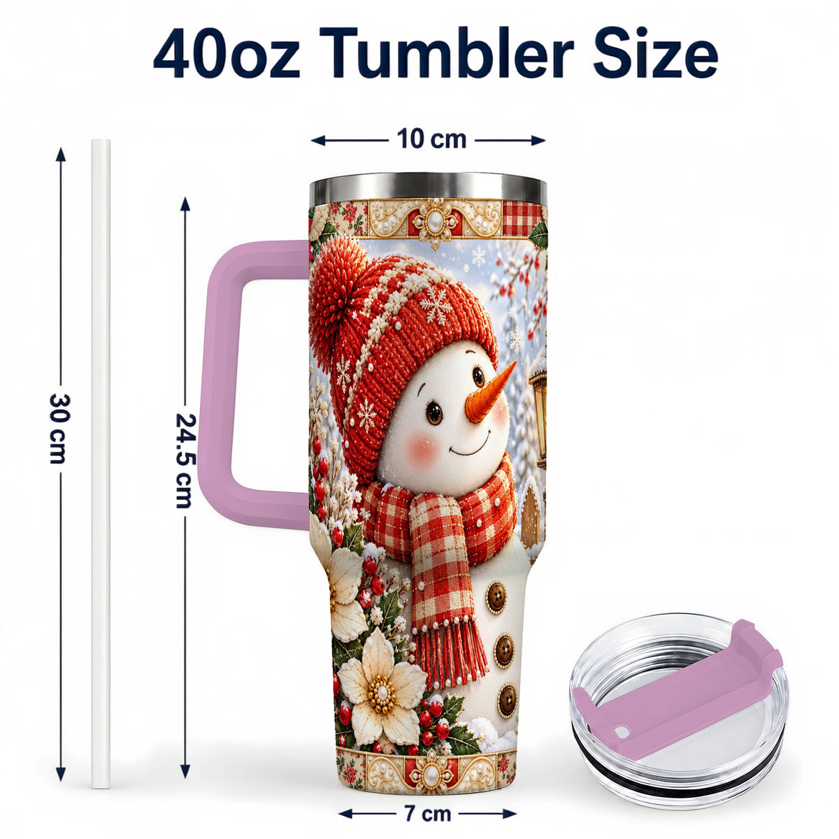 #pl[40oz|Pink] Snowman 40oz Tumbler with Handle, Poinsettia Stainless Steel Cup