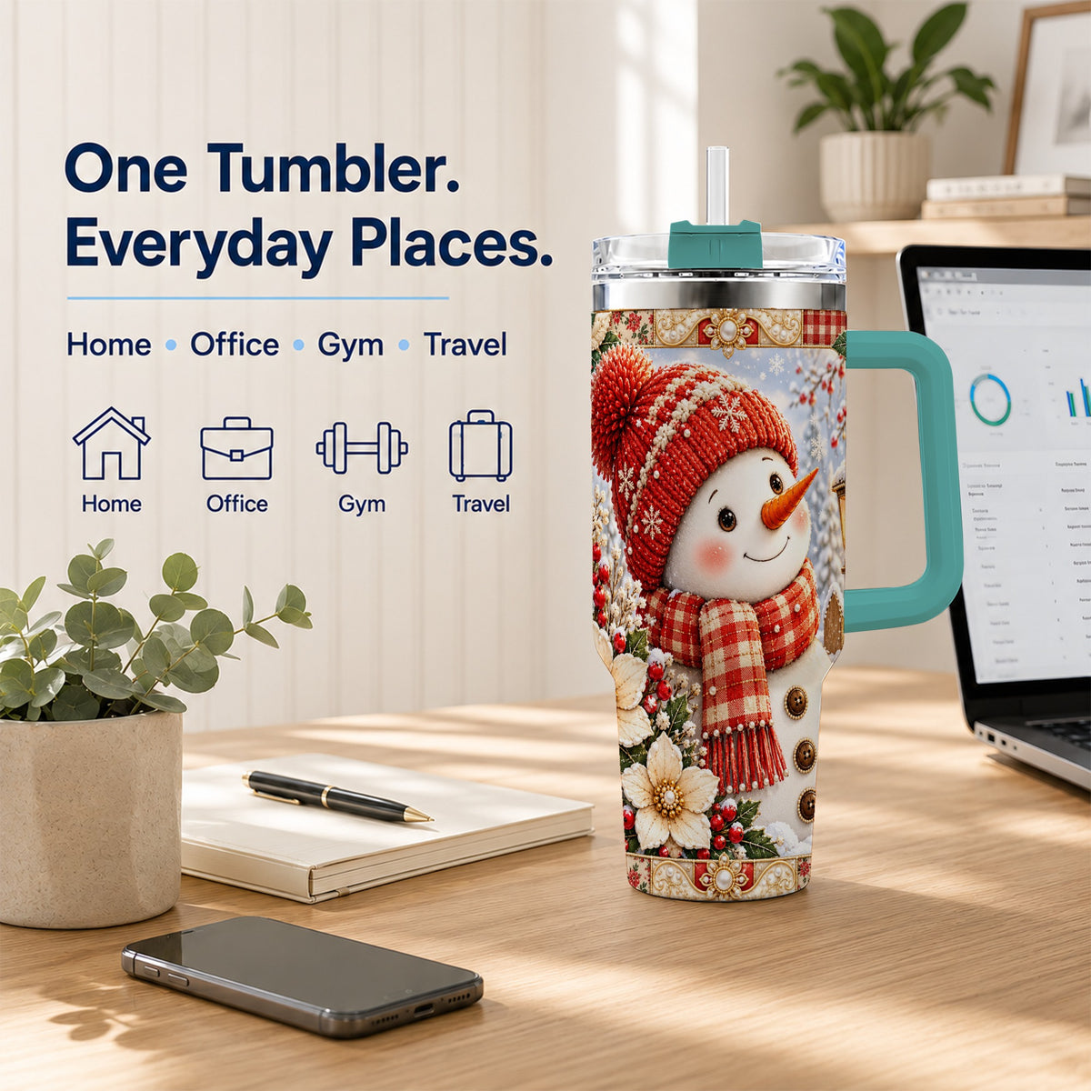 #pl[40oz|Green] Snowman 40oz Tumbler with Handle, Poinsettia Stainless Steel Cup