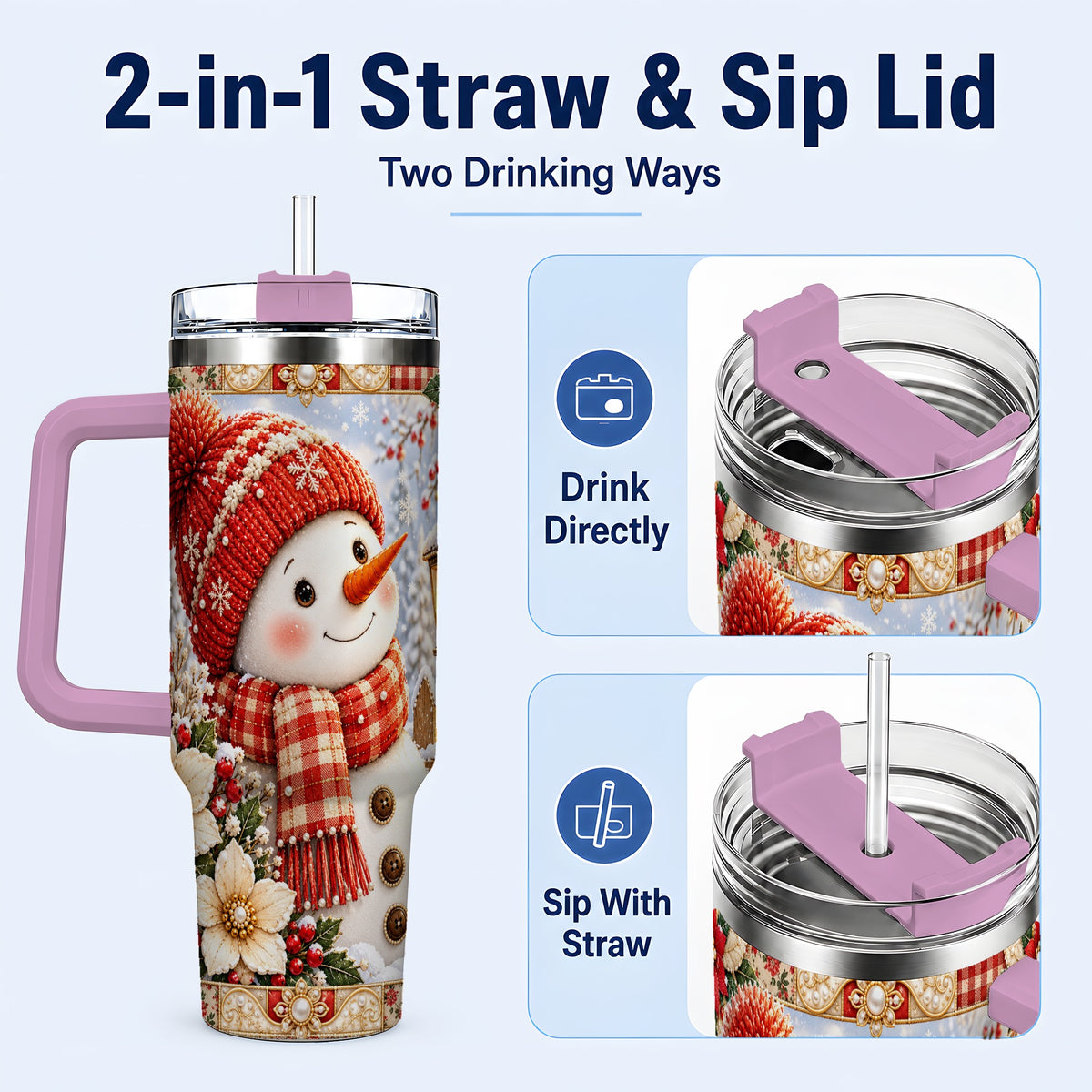 #pl[40oz|Pink] Snowman 40oz Tumbler with Handle, Poinsettia Stainless Steel Cup