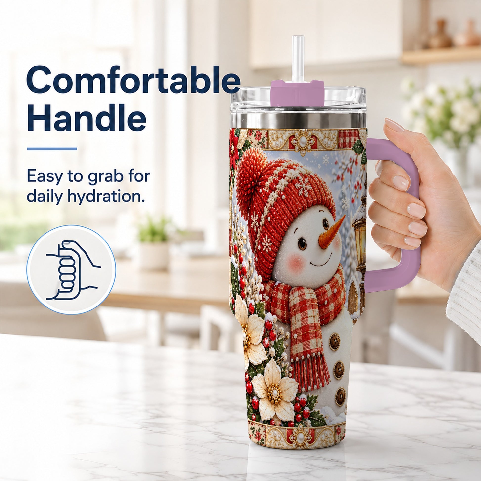 #pl[40oz|Pink] Snowman 40oz Tumbler with Handle, Poinsettia Stainless Steel Cup