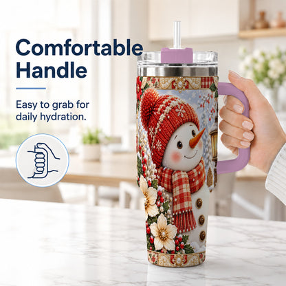 #pl[40oz|Pink] Snowman 40oz Tumbler with Handle, Poinsettia Stainless Steel Cup