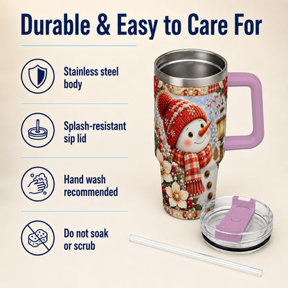#pl[40oz|Pink] Snowman 40oz Tumbler with Handle, Poinsettia Stainless Steel Cup