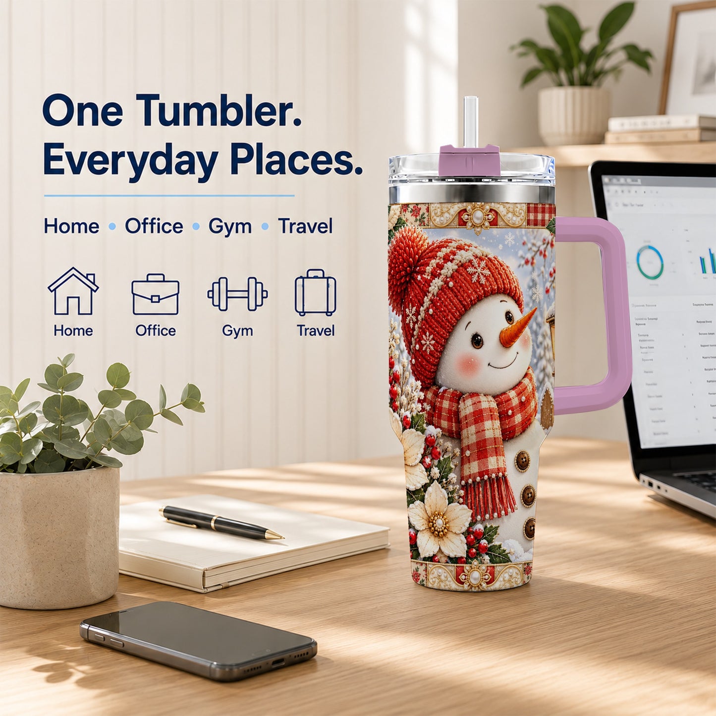 #pl[40oz|Pink] Snowman 40oz Tumbler with Handle, Poinsettia Stainless Steel Cup