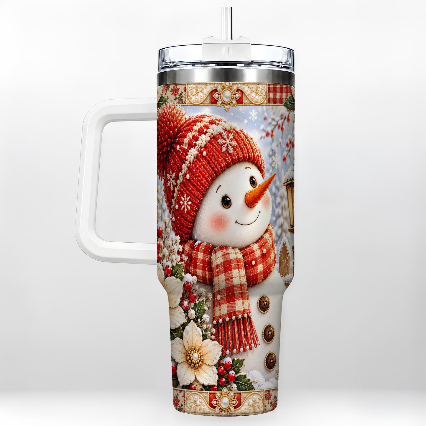 Snowman 40oz Tumbler with Handle, Poinsettia Stainless Steel Cup