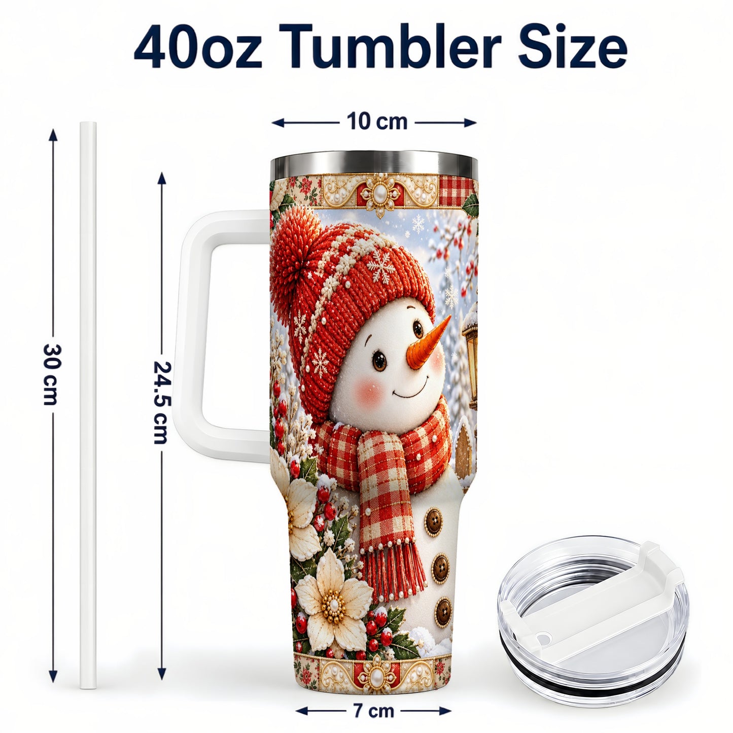 #pl[40oz|White] Snowman 40oz Tumbler with Handle, Poinsettia Stainless Steel Cup