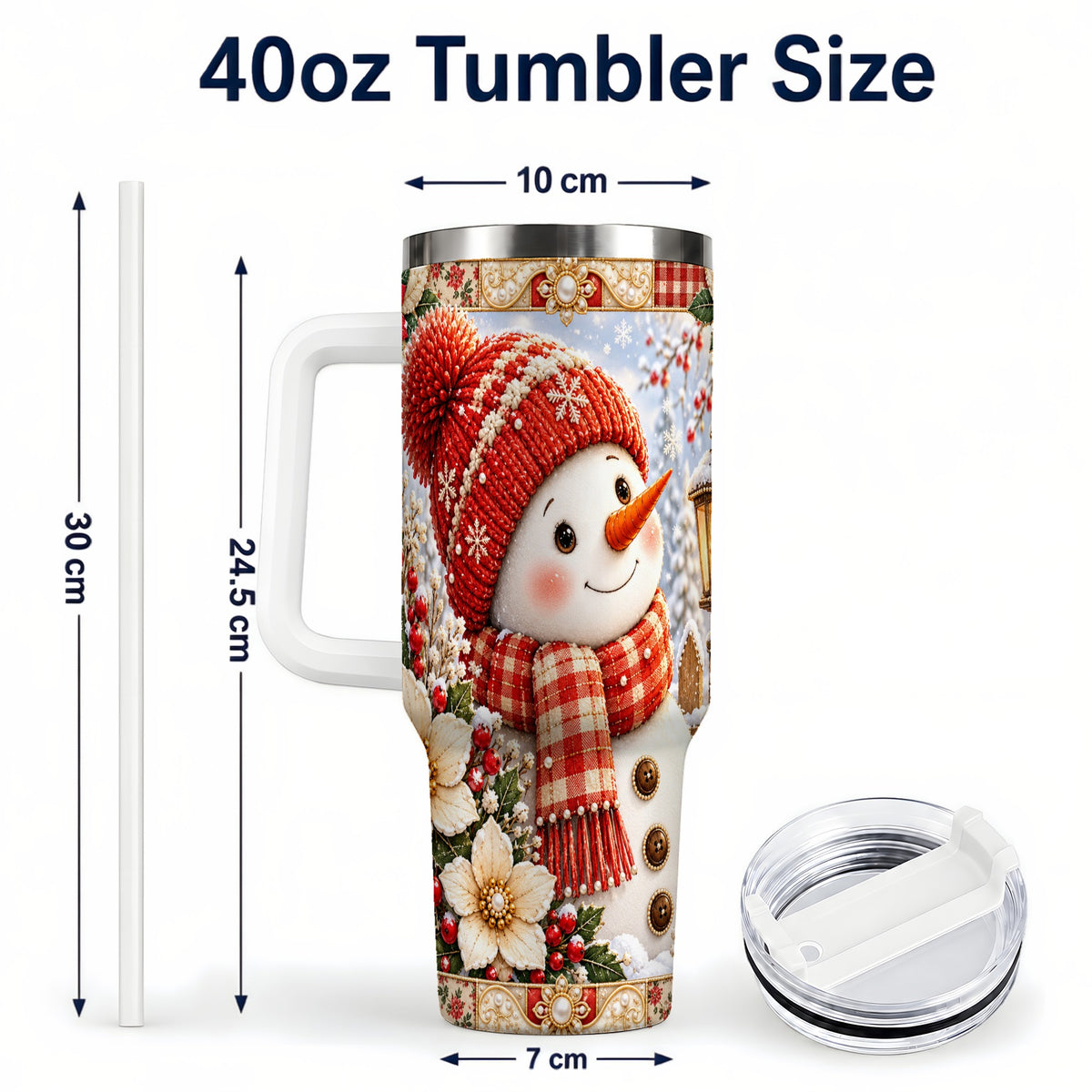 #pl[40oz|White] Snowman 40oz Tumbler with Handle, Poinsettia Stainless Steel Cup