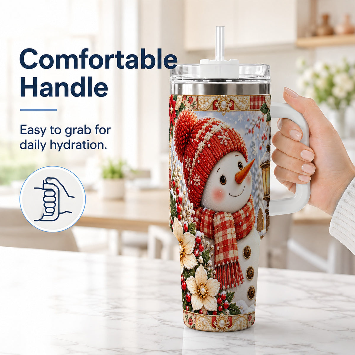#pl[40oz|White] Snowman 40oz Tumbler with Handle, Poinsettia Stainless Steel Cup