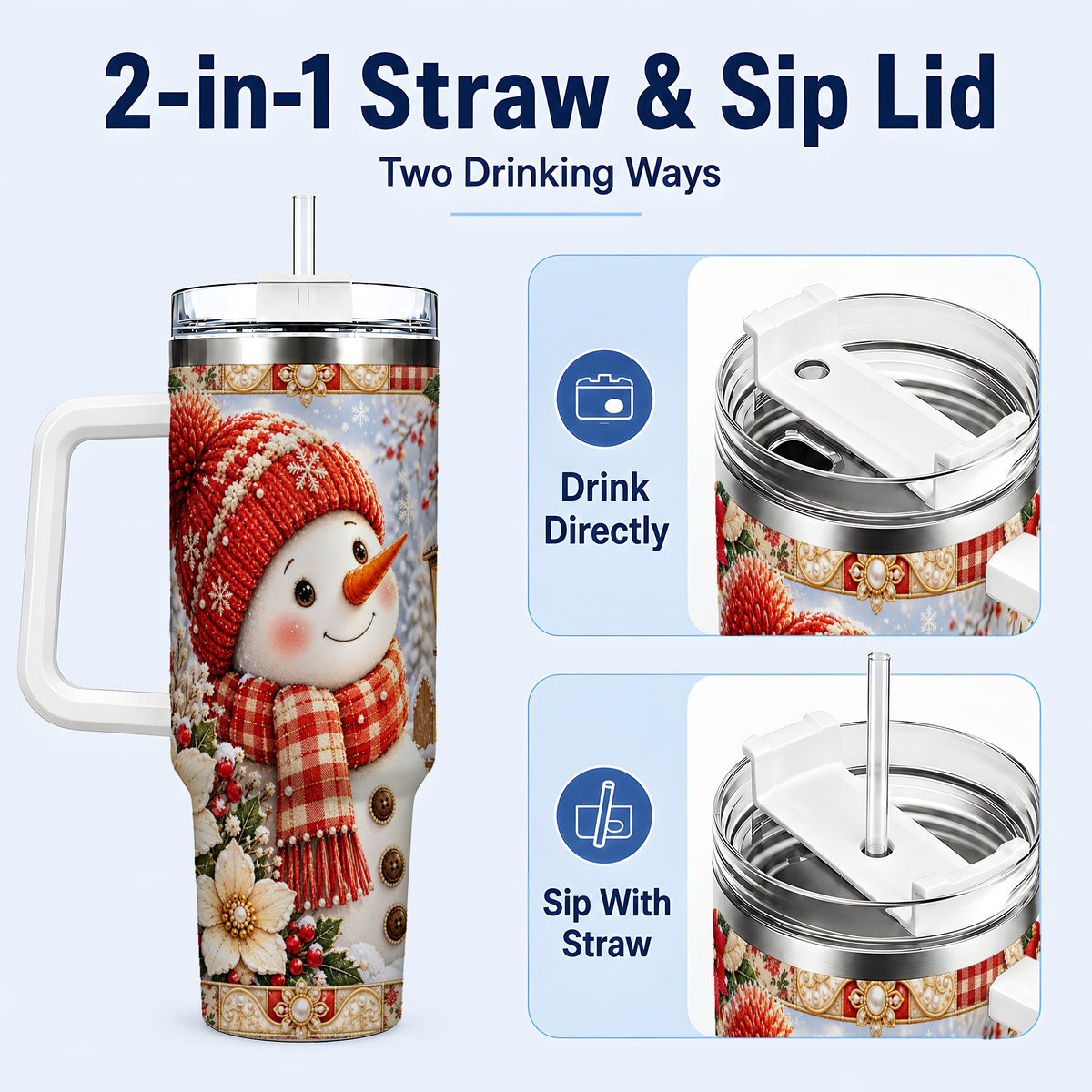 #pl[40oz|White] Snowman 40oz Tumbler with Handle, Poinsettia Stainless Steel Cup
