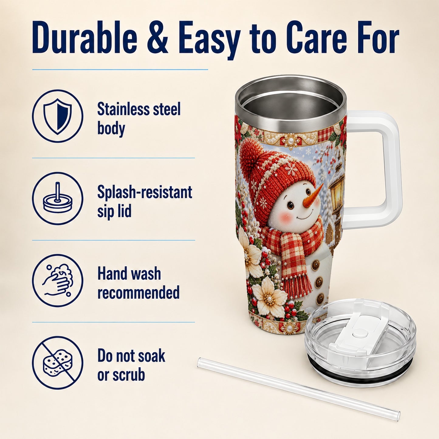 #pl[40oz|White] Snowman 40oz Tumbler with Handle, Poinsettia Stainless Steel Cup