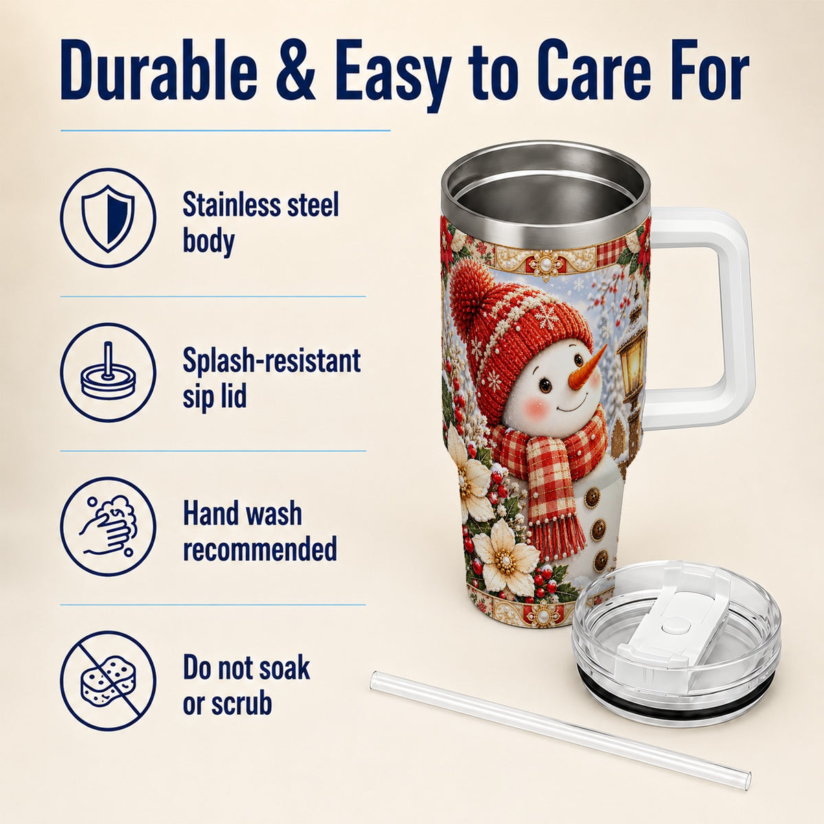 #pl[40oz|White] Snowman 40oz Tumbler with Handle, Poinsettia Stainless Steel Cup