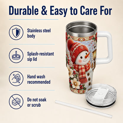 #pl[40oz|White] Snowman 40oz Tumbler with Handle, Poinsettia Stainless Steel Cup