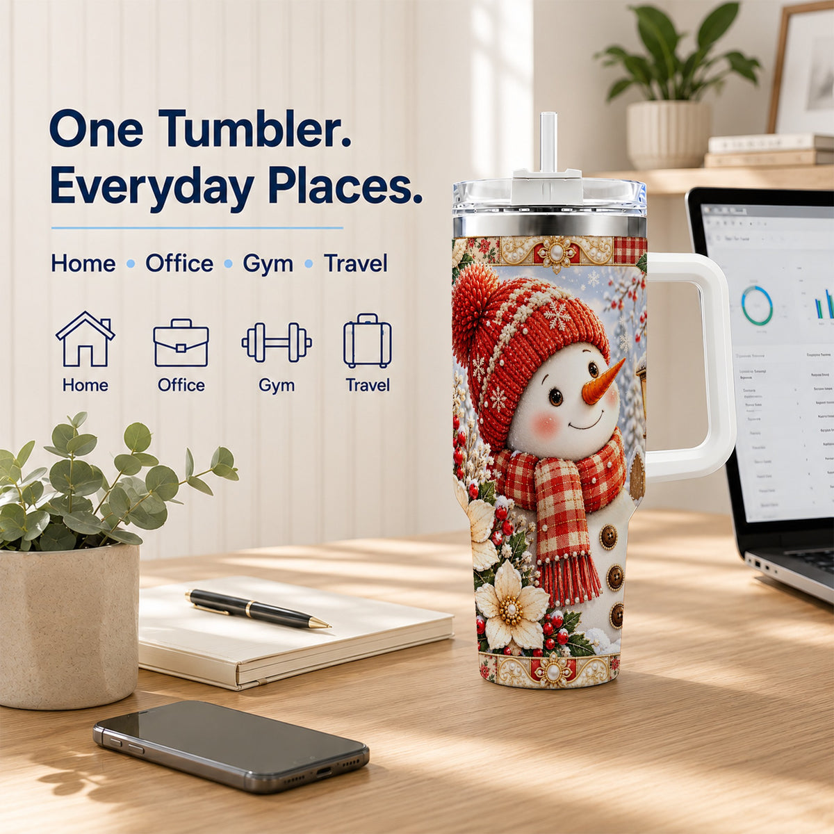 #pl[40oz|White] Snowman 40oz Tumbler with Handle, Poinsettia Stainless Steel Cup