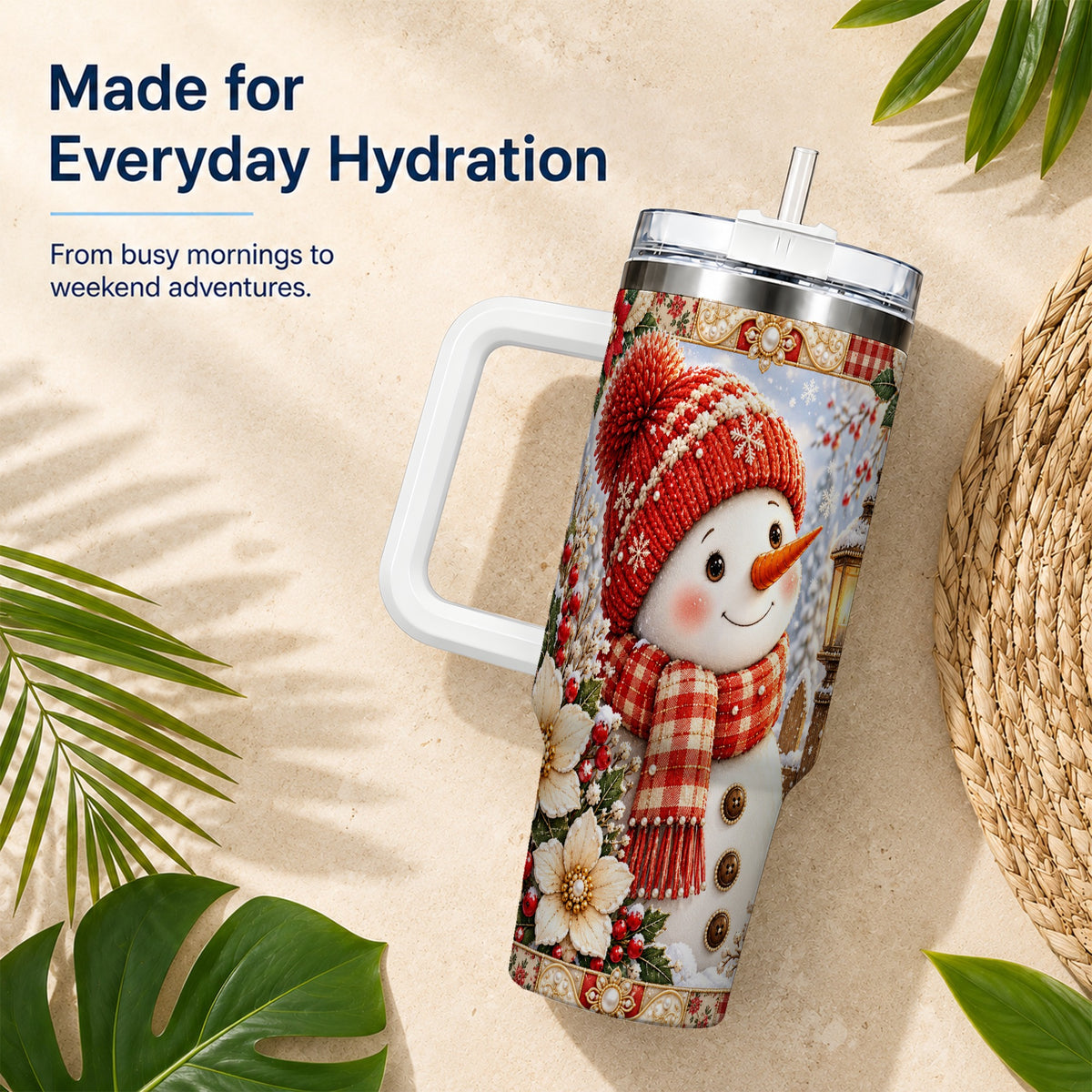 #pl[40oz|White] Snowman 40oz Tumbler with Handle, Poinsettia Stainless Steel Cup