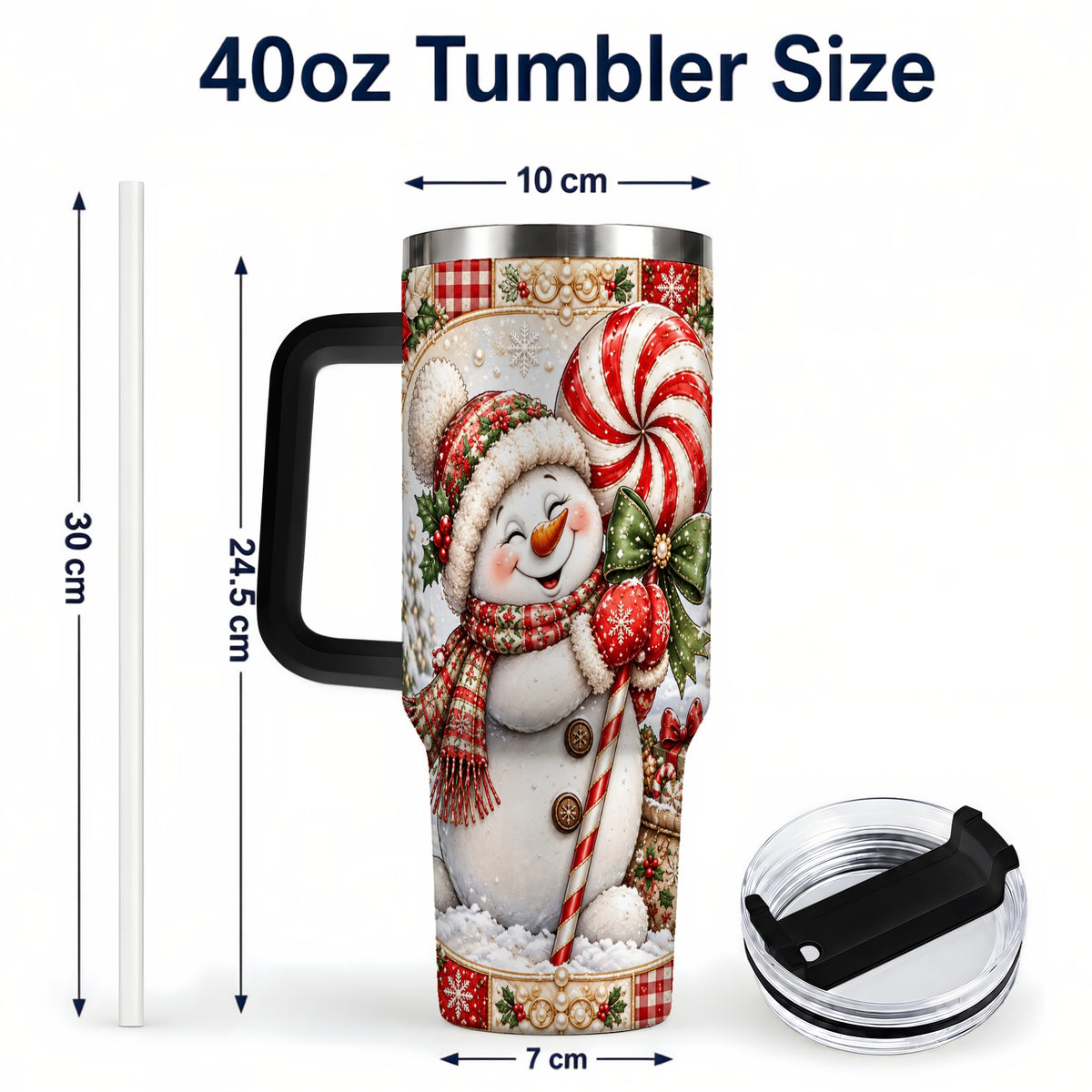 #pl[40oz|Black] Peppermint Snowman 40oz Tumbler with Handle, Holiday Steel Cup