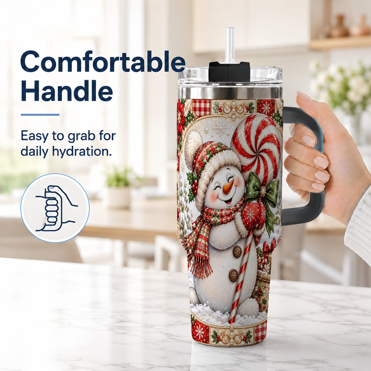 #pl[40oz|Black] Peppermint Snowman 40oz Tumbler with Handle, Holiday Steel Cup