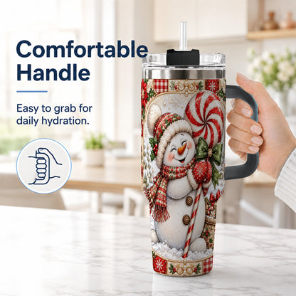 #pl[40oz|Black] Peppermint Snowman 40oz Tumbler with Handle, Holiday Steel Cup