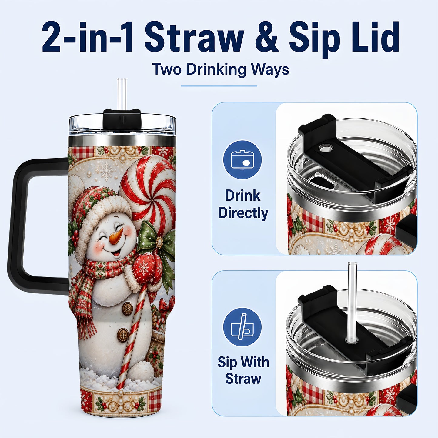 #pl[40oz|Black] Peppermint Snowman 40oz Tumbler with Handle, Holiday Steel Cup