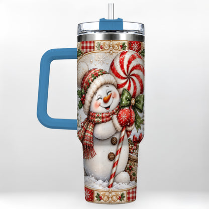 #pl[40oz|Blue] Peppermint Snowman 40oz Tumbler with Handle, Holiday Steel Cup