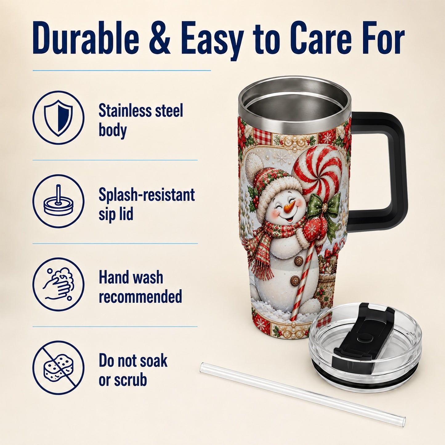 #pl[40oz|Black] Peppermint Snowman 40oz Tumbler with Handle, Holiday Steel Cup