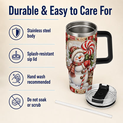 #pl[40oz|Black] Peppermint Snowman 40oz Tumbler with Handle, Holiday Steel Cup