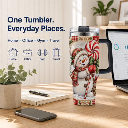 #pl[40oz|Black] Peppermint Snowman 40oz Tumbler with Handle, Holiday Steel Cup