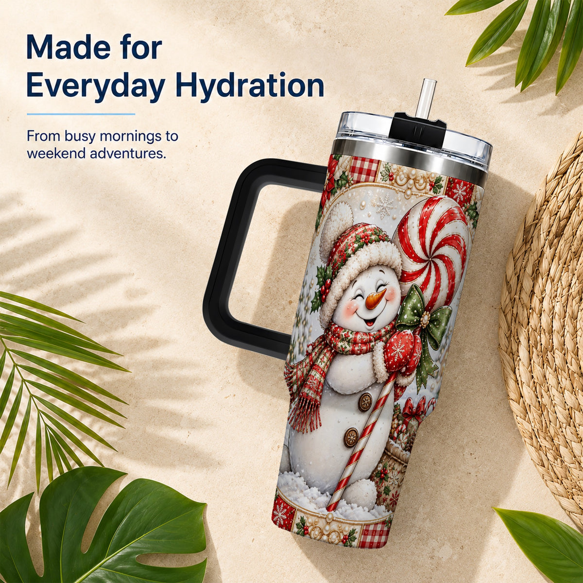 #pl[40oz|Black] Peppermint Snowman 40oz Tumbler with Handle, Holiday Steel Cup