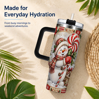#pl[40oz|Black] Peppermint Snowman 40oz Tumbler with Handle, Holiday Steel Cup