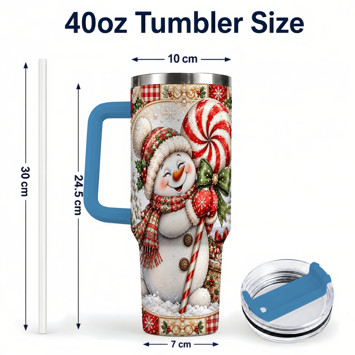 #pl[40oz|Blue] Peppermint Snowman 40oz Tumbler with Handle, Holiday Steel Cup