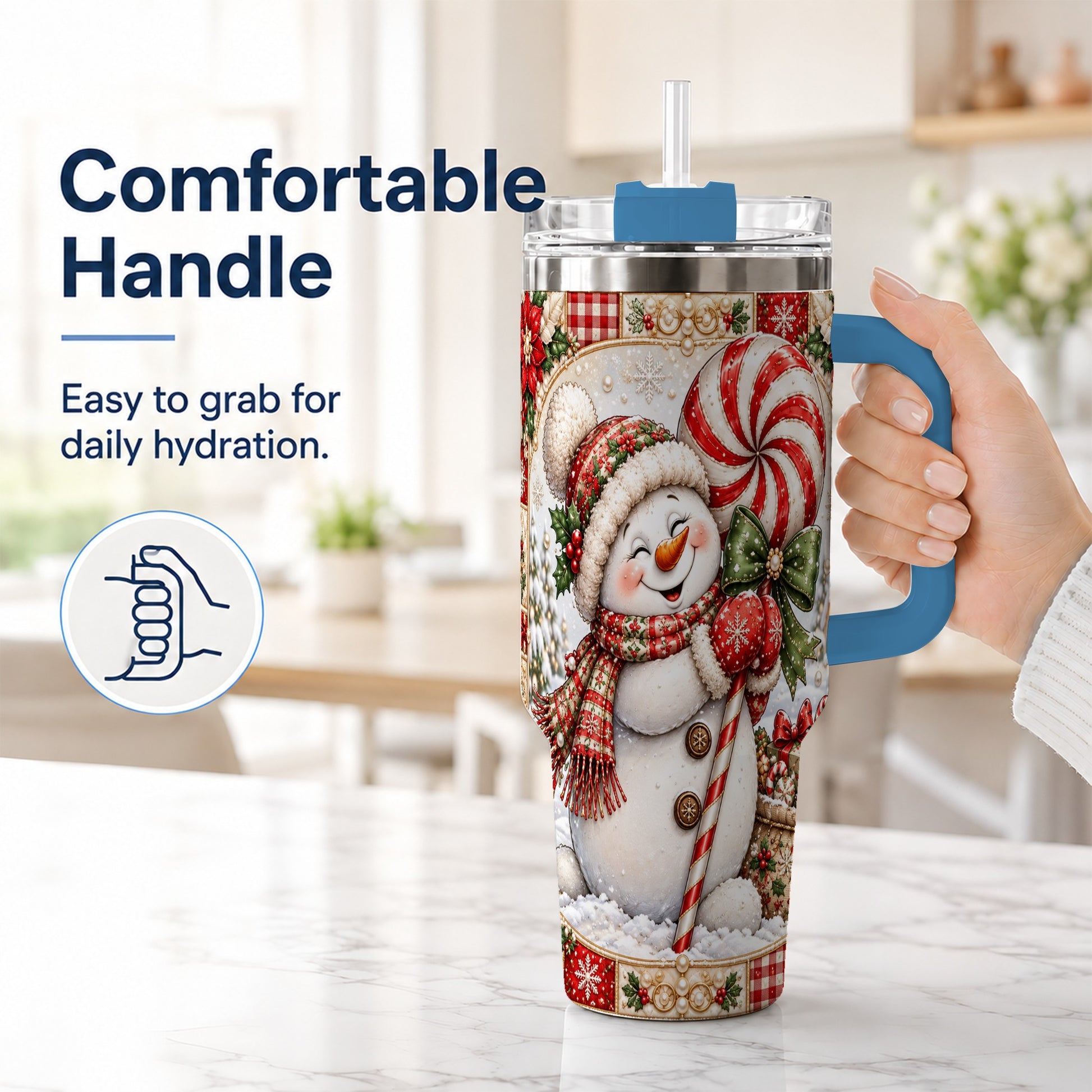 #pl[40oz|Blue] Peppermint Snowman 40oz Tumbler with Handle, Holiday Steel Cup
