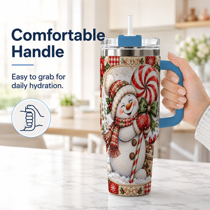 #pl[40oz|Blue] Peppermint Snowman 40oz Tumbler with Handle, Holiday Steel Cup
