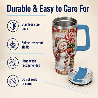 #pl[40oz|Blue] Peppermint Snowman 40oz Tumbler with Handle, Holiday Steel Cup