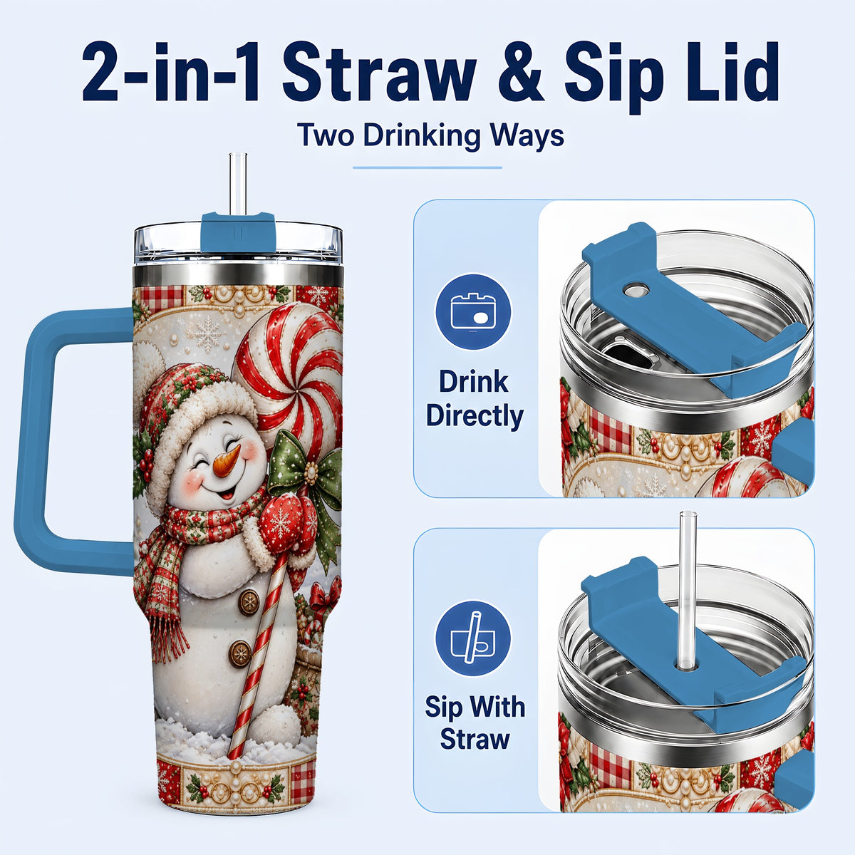 #pl[40oz|Blue] Peppermint Snowman 40oz Tumbler with Handle, Holiday Steel Cup