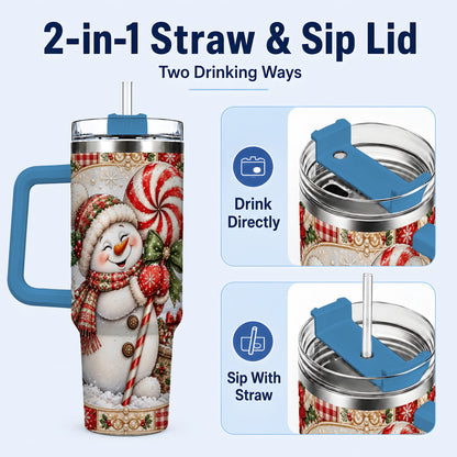 #pl[40oz|Blue] Peppermint Snowman 40oz Tumbler with Handle, Holiday Steel Cup