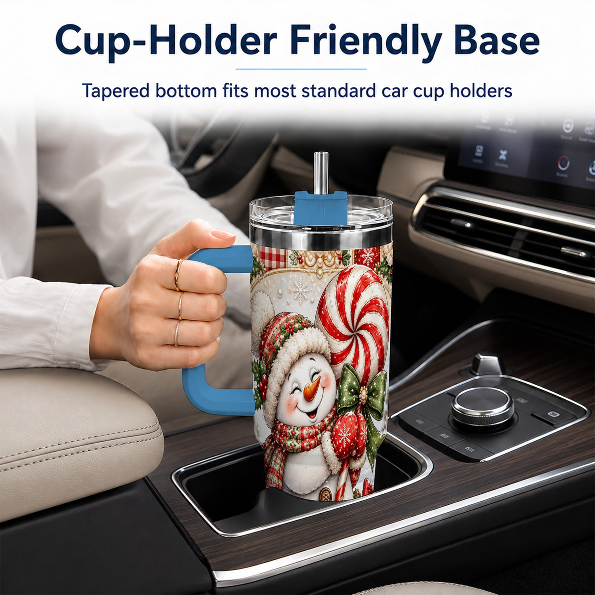 #pl[40oz|Blue] Peppermint Snowman 40oz Tumbler with Handle, Holiday Steel Cup