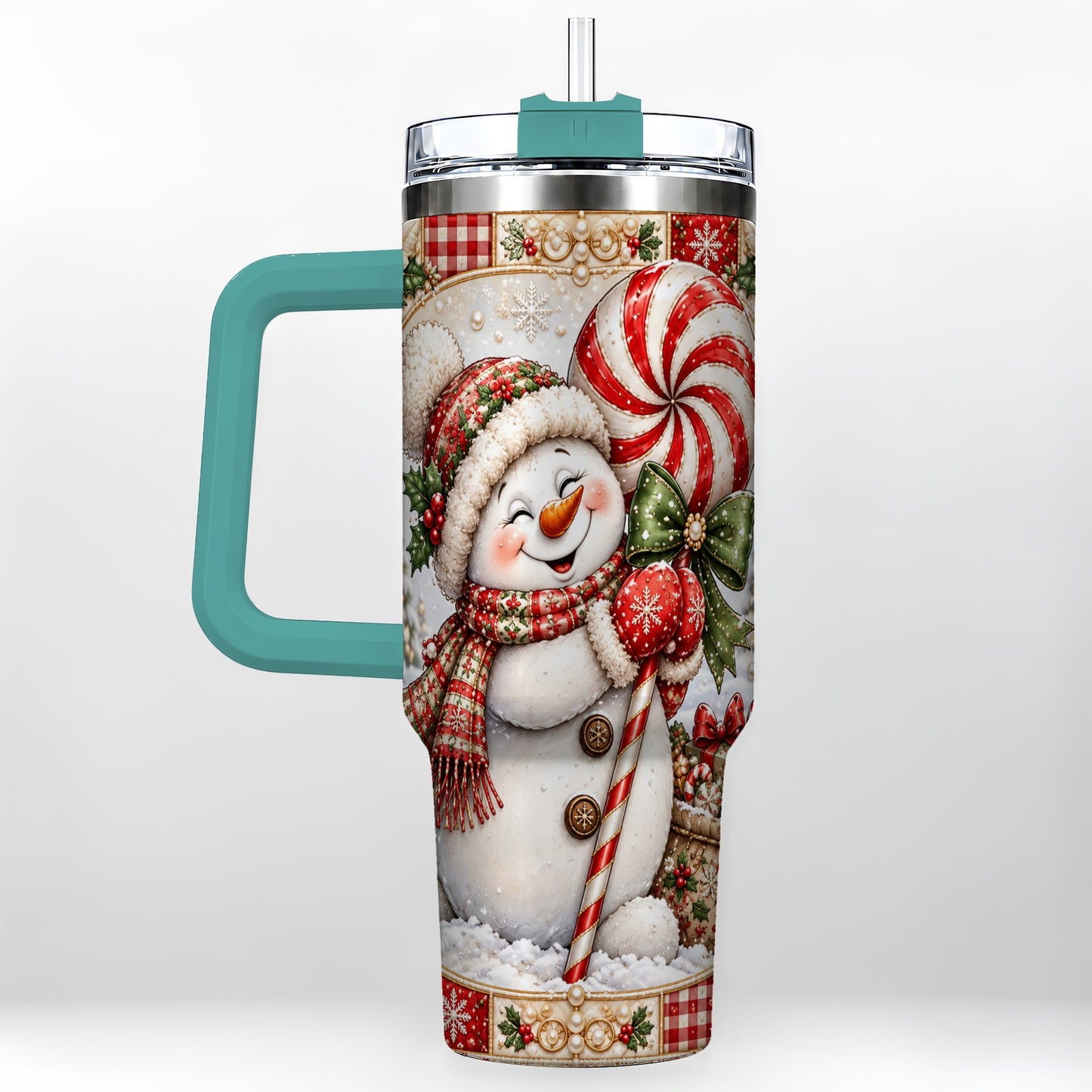 #pl[40oz|Green] Peppermint Snowman 40oz Tumbler with Handle, Holiday Steel Cup