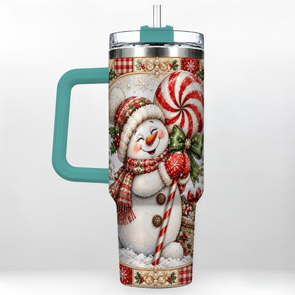 #pl[40oz|Green] Peppermint Snowman 40oz Tumbler with Handle, Holiday Steel Cup