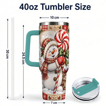 #pl[40oz|Green] Peppermint Snowman 40oz Tumbler with Handle, Holiday Steel Cup